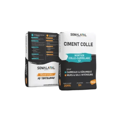 Ciment colle C1TE 25kg Somalaval – mortier adhésif C1TE pour pose carrelage intérieur et extérieur – haute performance et flexibilité – Soavy Madagascar